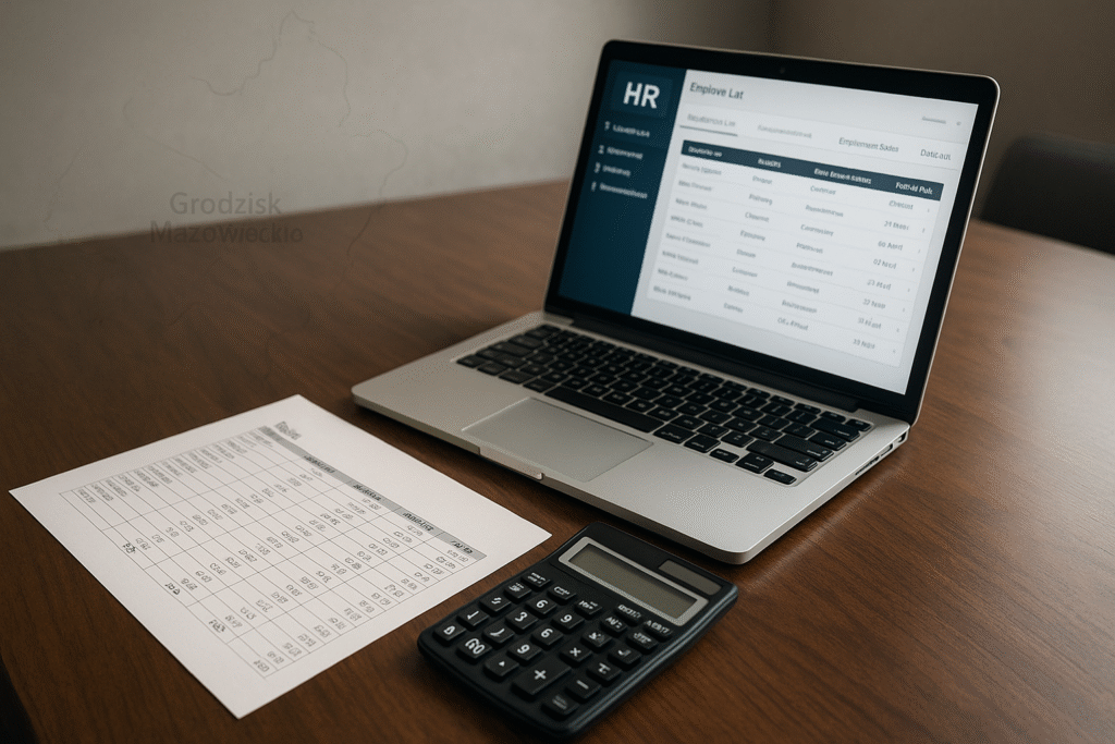 Lista płac i kalkulator symbolizujące naliczanie wynagrodzeń w Grodzisku Mazowieckim