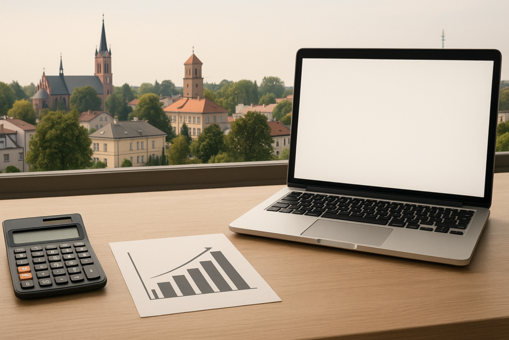 Księgowość ryczałt Grodzisk Mazowiecki – ilustracja biurka z kalkulatorem