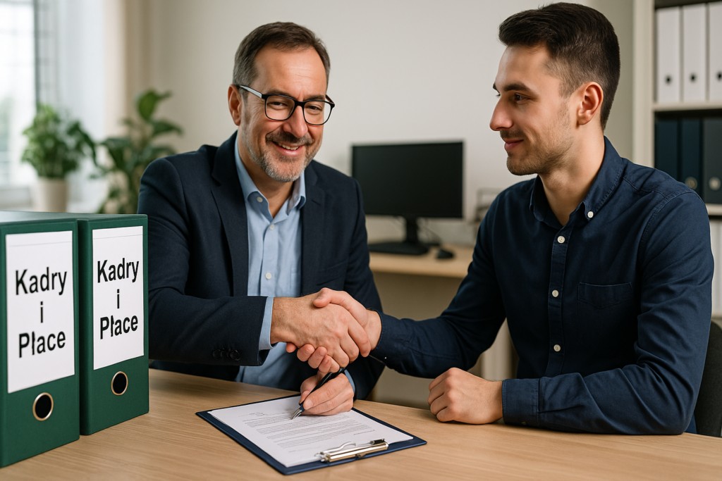 Pracodawca i pierwszy pracownik podpisują umowę w obecności księgowej
